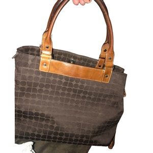 Kate Spade dark brown canvas  shoulder bag geometrical print brown leather trim